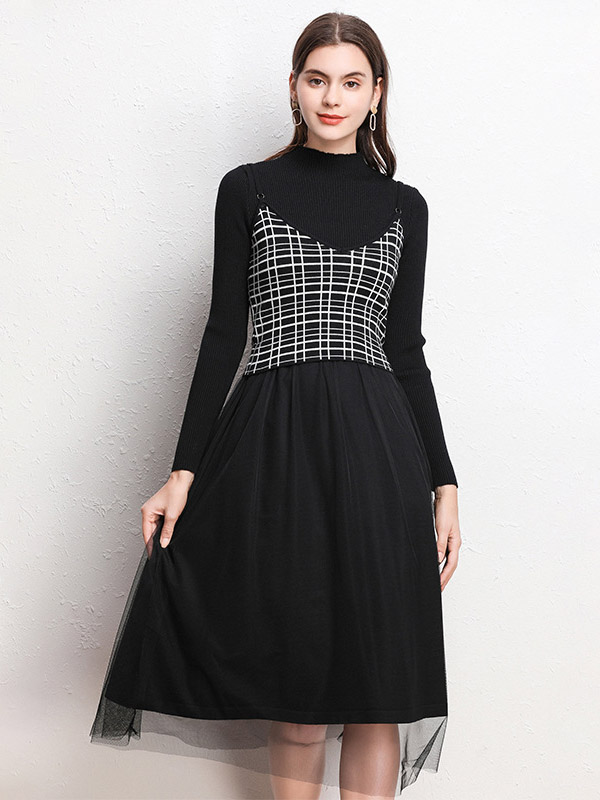 Black Plaid Camisole And Net Yarn Dress Sets