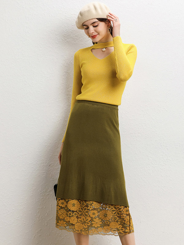Yellow Lace Stitching Knit Sweater And Skirt Sets