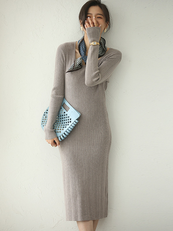 Khaki Scoop Neck Ribbed Style Midi Dress