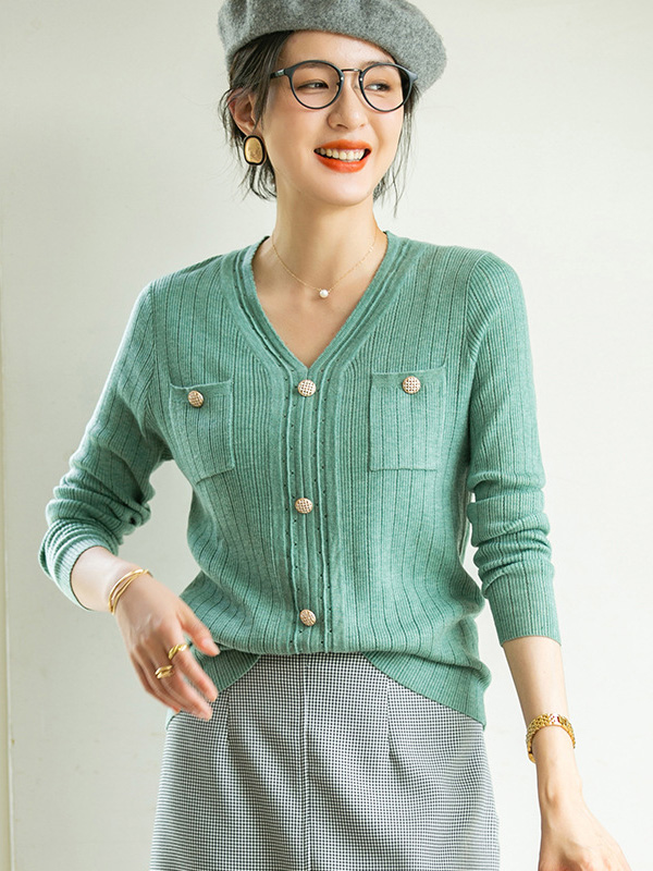 Green V-neck Knit Top with Buttons
