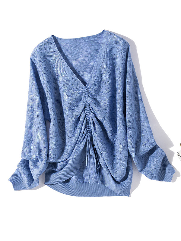 Blue Floral Hollow Out Knitted Top