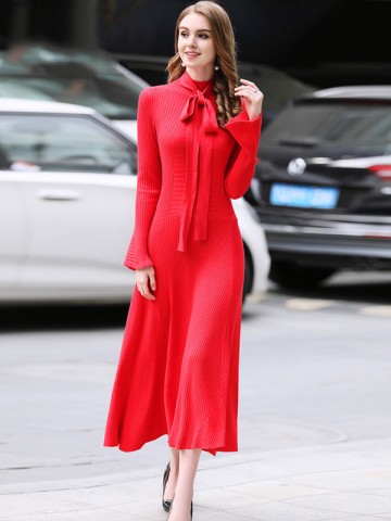 Red Stand Collar Flared Sleeves Maxi Dress
