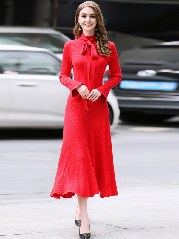 Red Stand Collar Flared Sleeves Maxi Dress