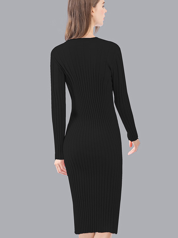 Black Round Neck Ribbed Knit Dress
