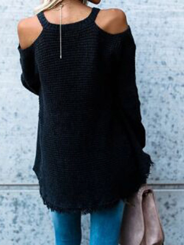 Black V Neck Cold Shoulder Sweater with Tassel
