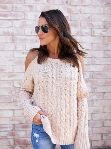 Beige Round Neck Cold Shoulder Sweater