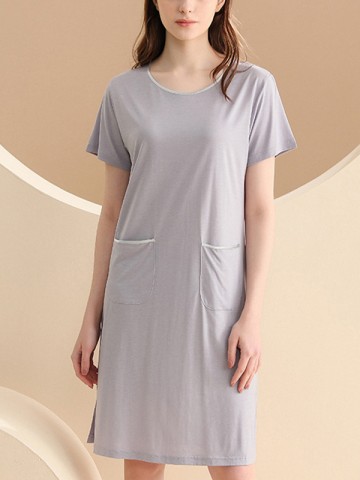 Round Neck Short Sleeved Sleepdress with Pockets