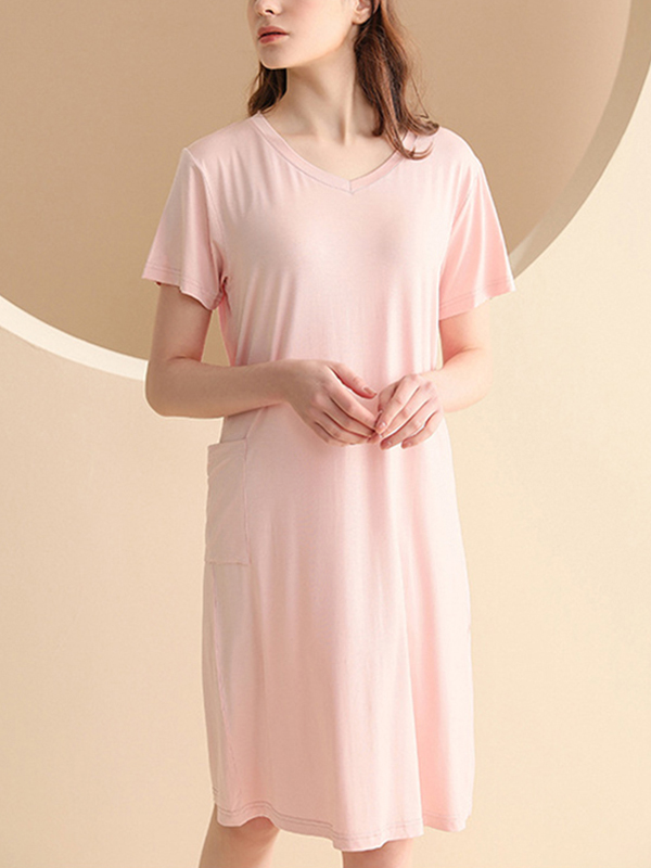 Pink V-neck Short Sleeved Split Sleepdress