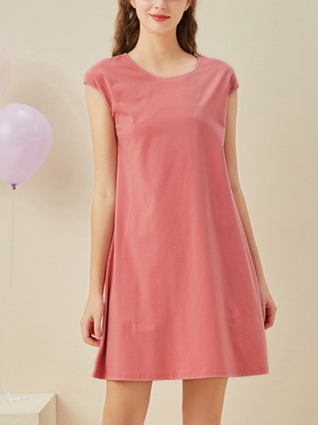 Red Round Neck Capped Sleeved Sleepdress