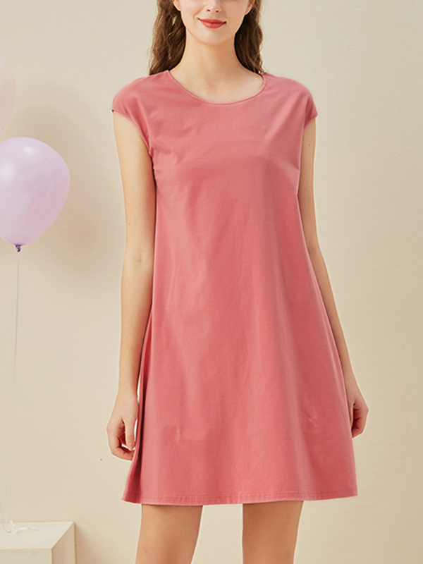 Red Round Neck Capped Sleeved Sleepdress