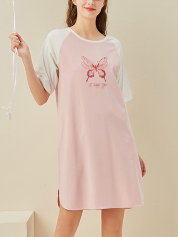 Pink Butterfly Printed Short Sleeves Sleepdress