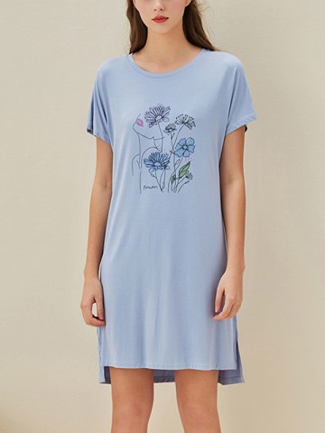 Blue Flowers Printed Short Sleeves Sleepdress