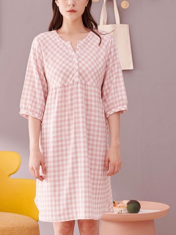Pink Plaid Printed Half Sleeves Sleepdress