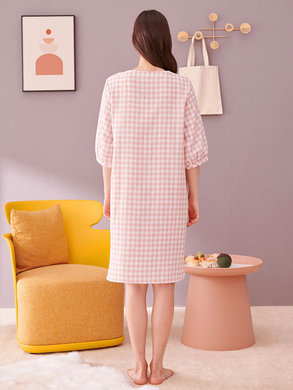 Pink Plaid Printed Half Sleeves Sleepdress