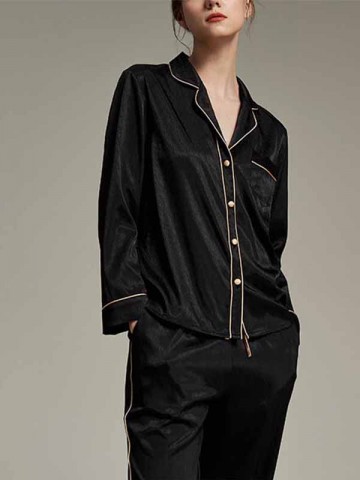 Black Classic Trimmed Satin Long Sleeves Pajama Set
