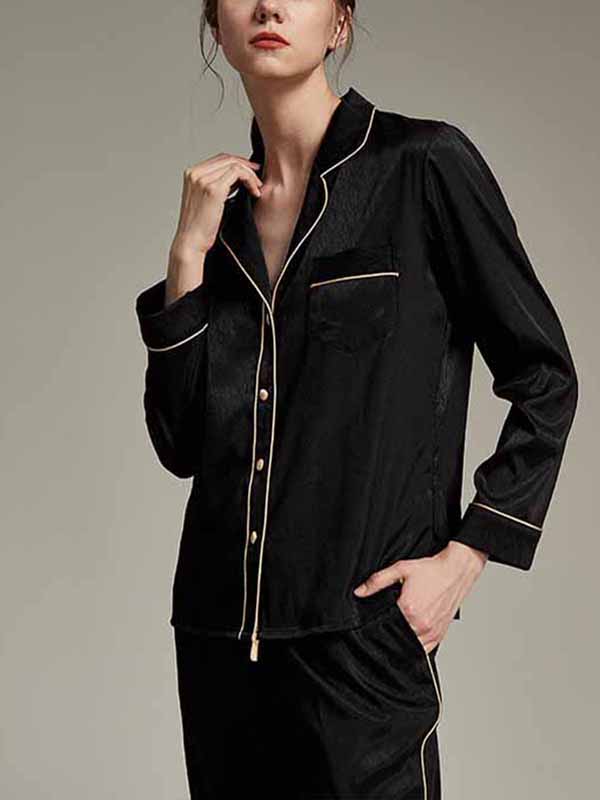 Black Classic Trimmed Satin Long Sleeves Pajama Set
