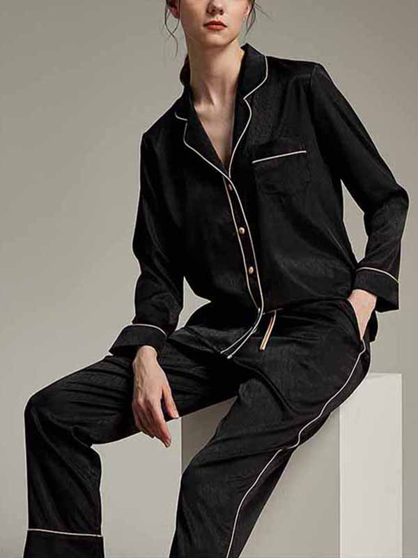 Black Classic Trimmed Satin Long Sleeves Pajama Set