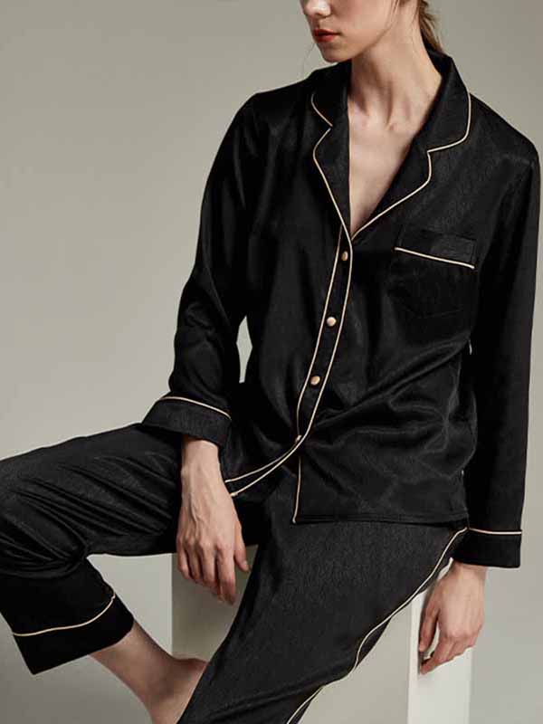 Black Classic Trimmed Satin Long Sleeves Pajama Set