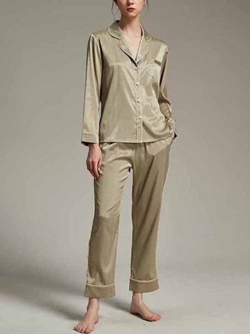 Green Classic Trimmed Satin Long Sleeves Pajama Set