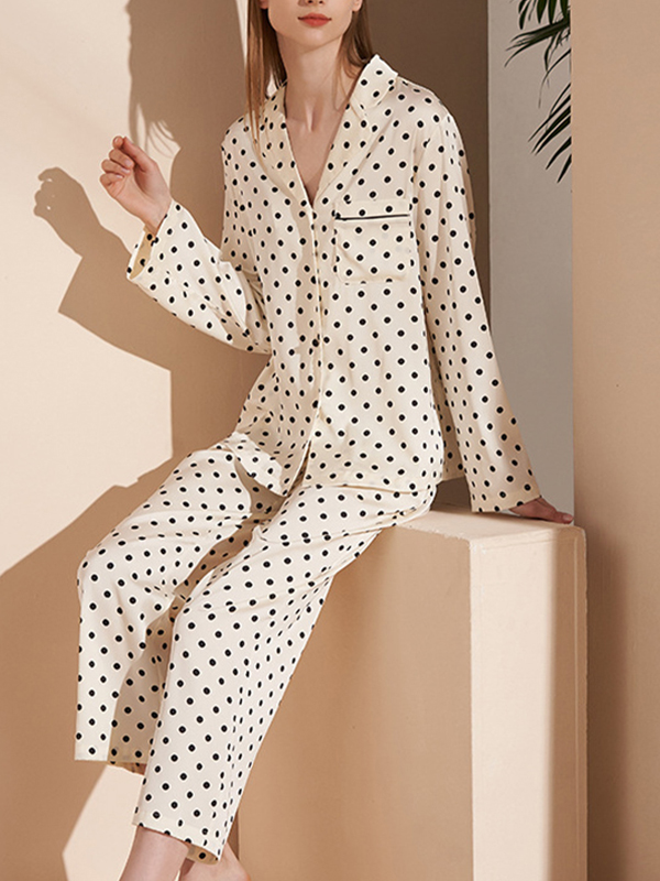 Apricot Polka Dots Print Long Sleeved Pajama Set