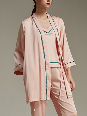 Pink Satin Trimmed 3-Piece Robe Set
