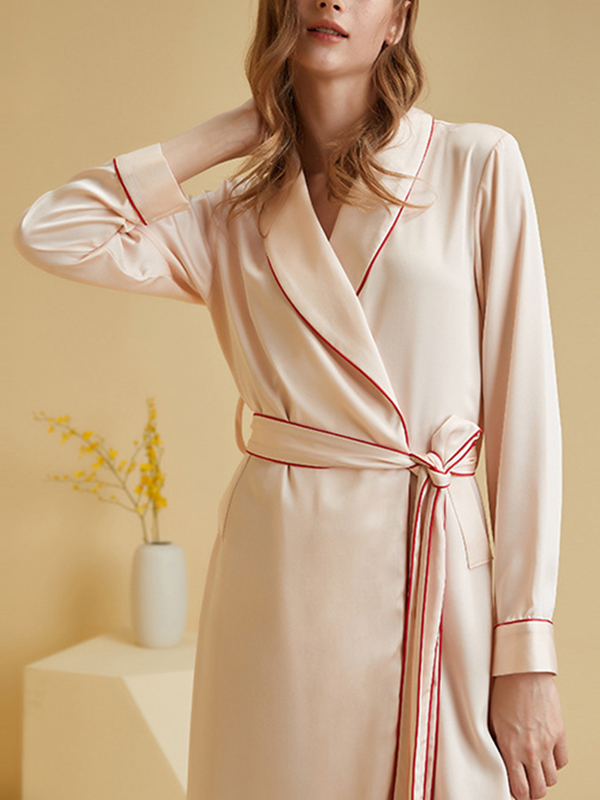 Apricot Shawl Collar Trimmed Satin Robe with Tie Wasit