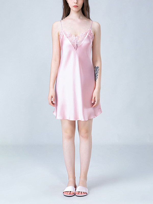 Pink Floral Lace Silk Cami Sleep Dress