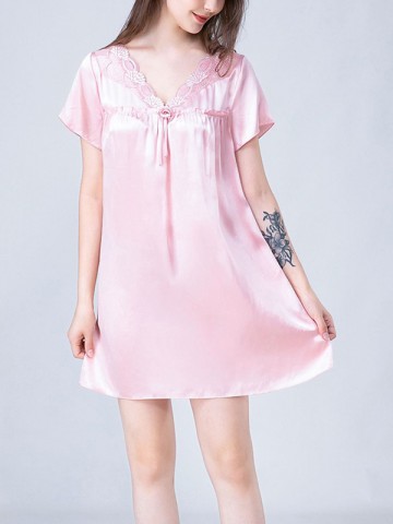 Pink Lace-up V-Neck Silk Nightdress
