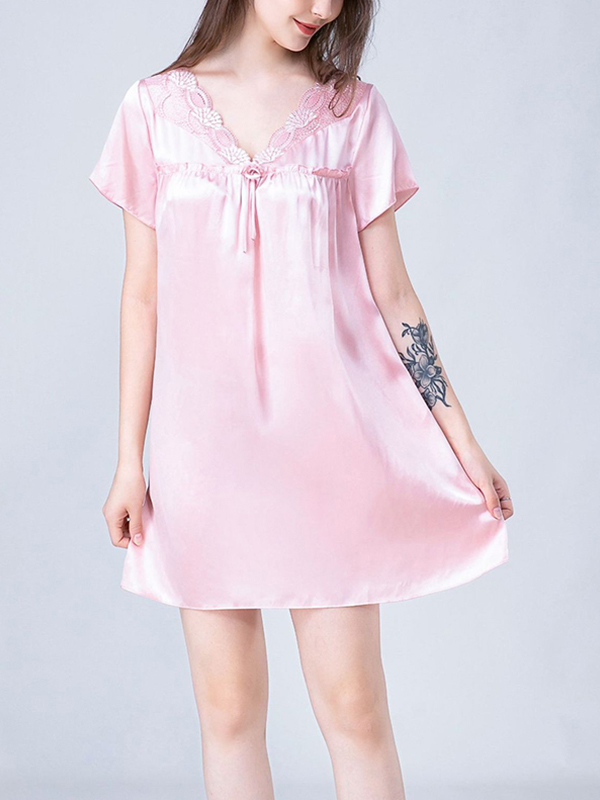 Pink Lace-up V-Neck Silk Nightdress