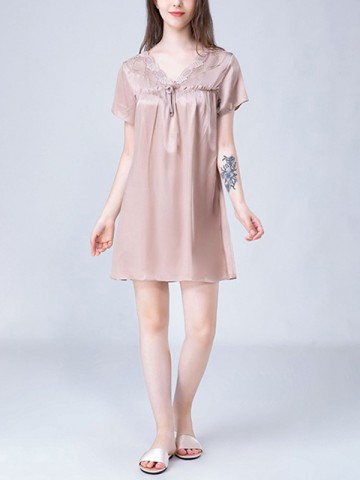 Coffee Lace-up V-Neck Silk Nightdress
