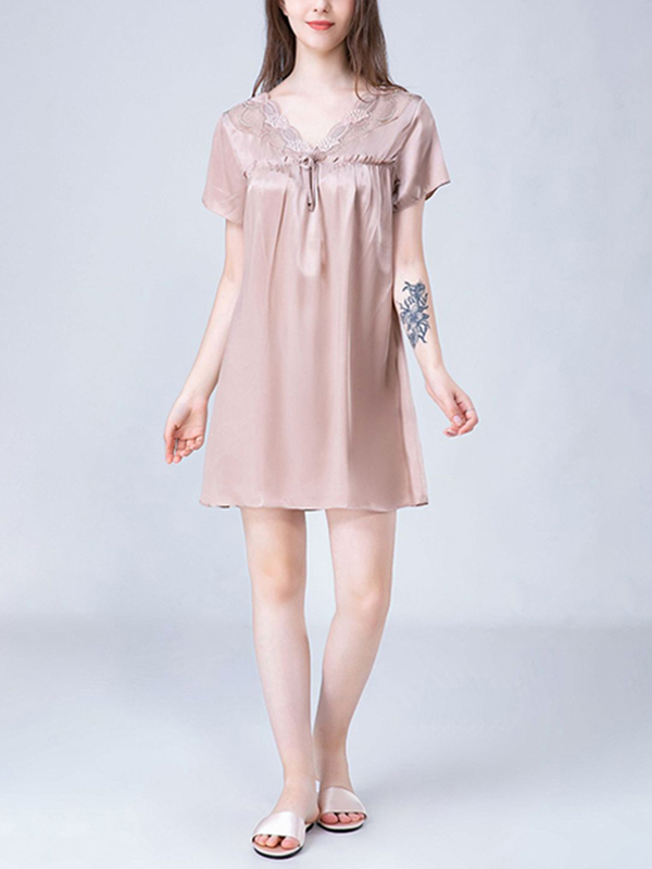 Coffee Lace-up V-Neck Silk Nightdress