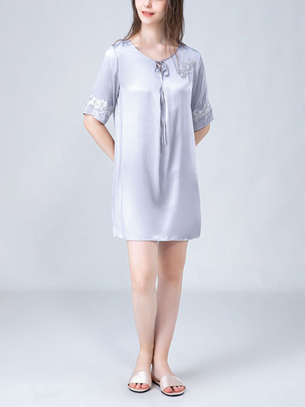 Gray Stitch Embroidery Half Sleeves Silk Nightdress
