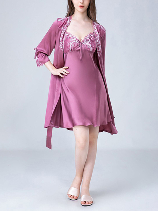 Purple Embroidery Lace Nightdress and Robe Set