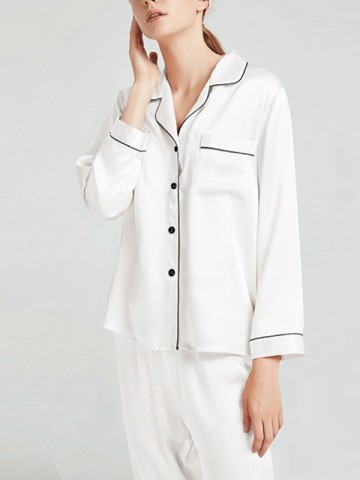 White Classic Trimmed Silk Pajama Set
