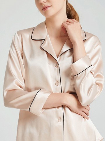Beige Classic Trimmed Silk Pajama Set