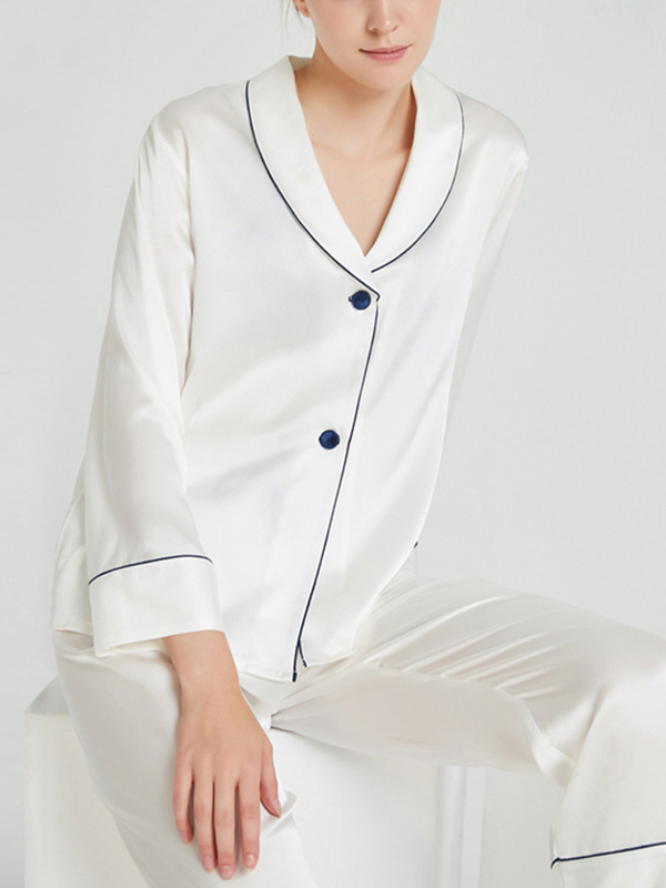 White Shawl Collar Trimmed Silk Pajama Set