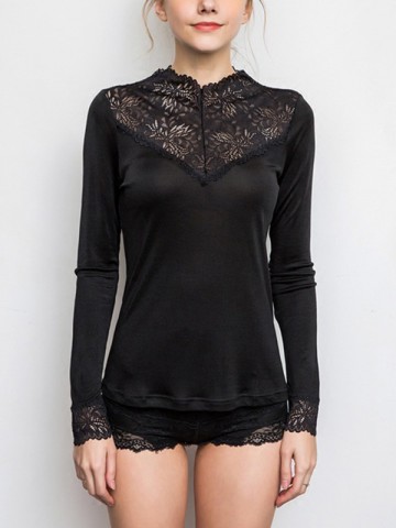 Black Stand Collar Silk Shirt with Lace Detail